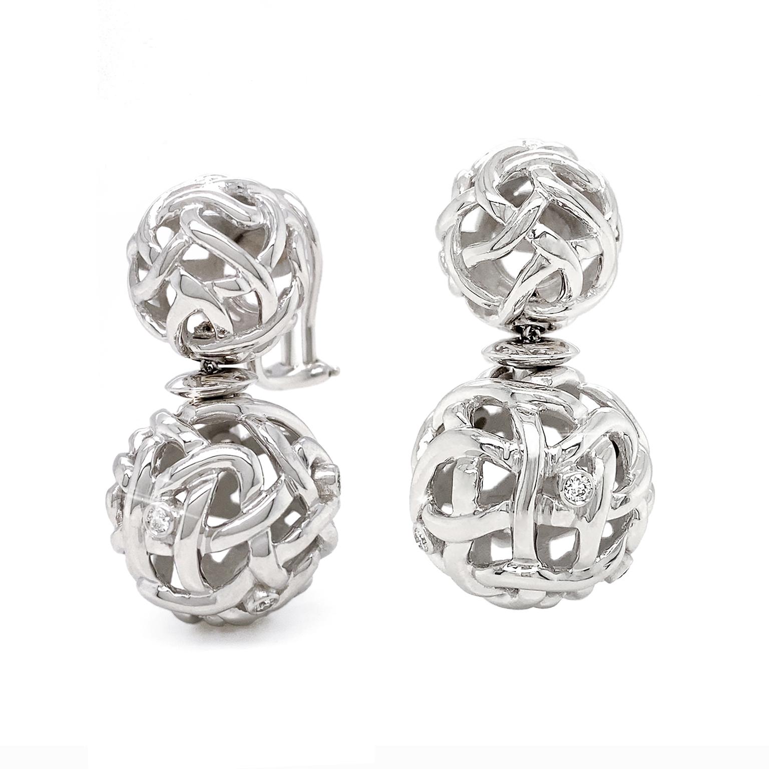 Modern Woven Ball 18K White Gold Diamond Earrings 