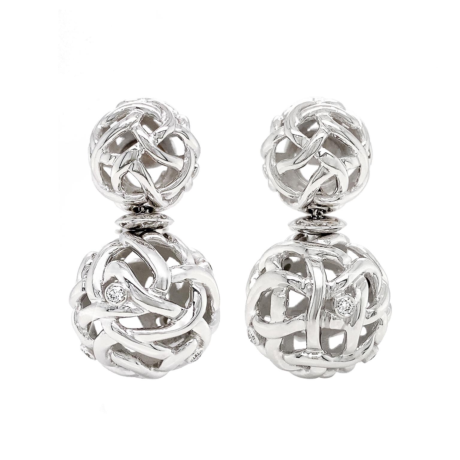 Brilliant Cut Woven Ball 18K White Gold Diamond Earrings 