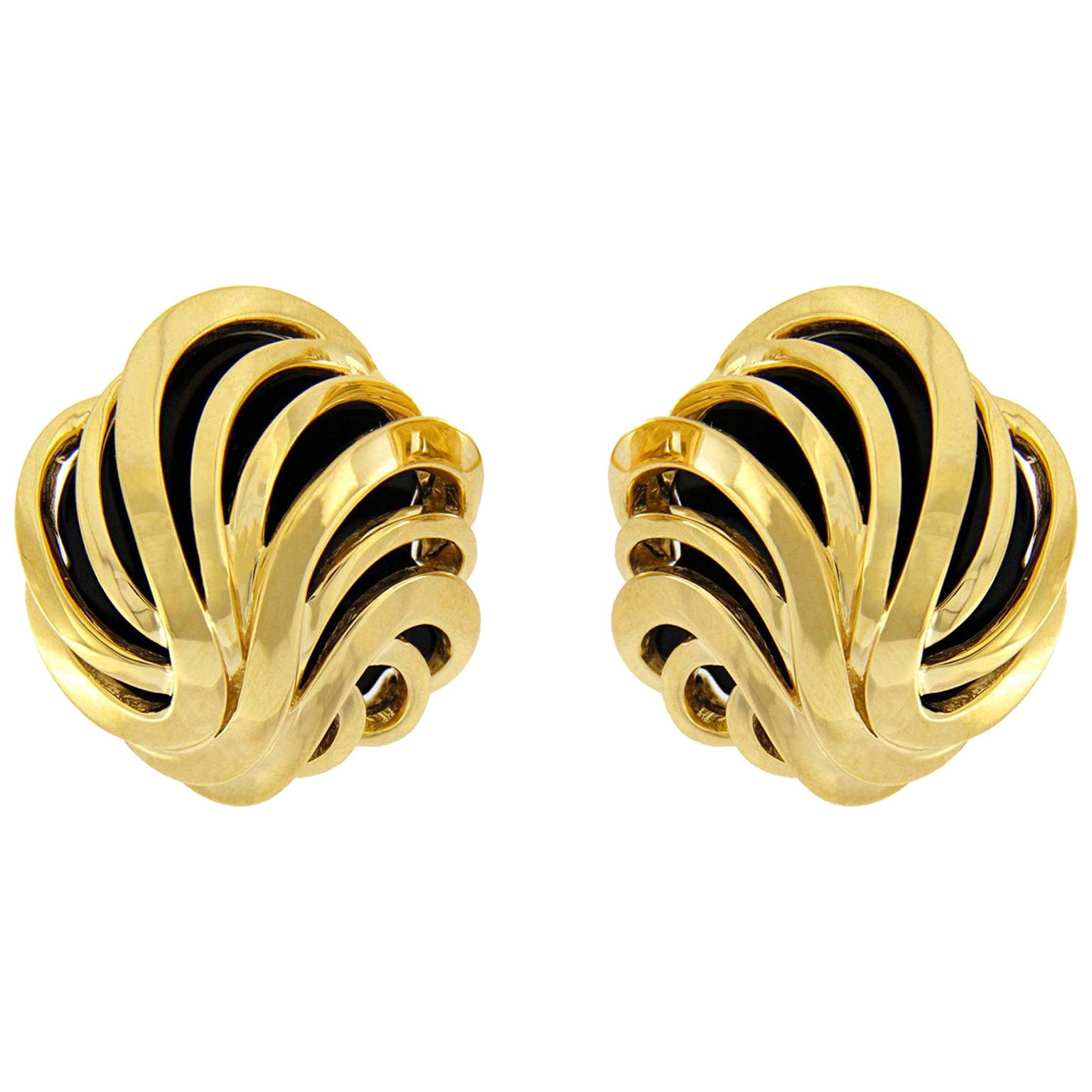 Black Jade Gold Swirl 18K Yellow Gold Earrings
