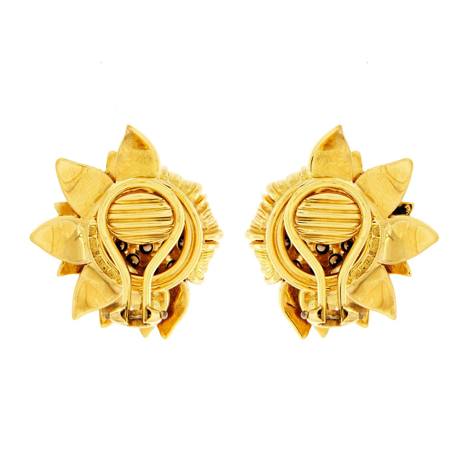 Round Cut Cognac Diamond Sunflower 18K Yellow Gold Earrings For Sale