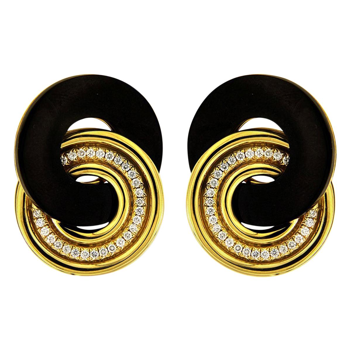 Valentin Magro Yellow Gold Diamond Black Jade Circle Earrings