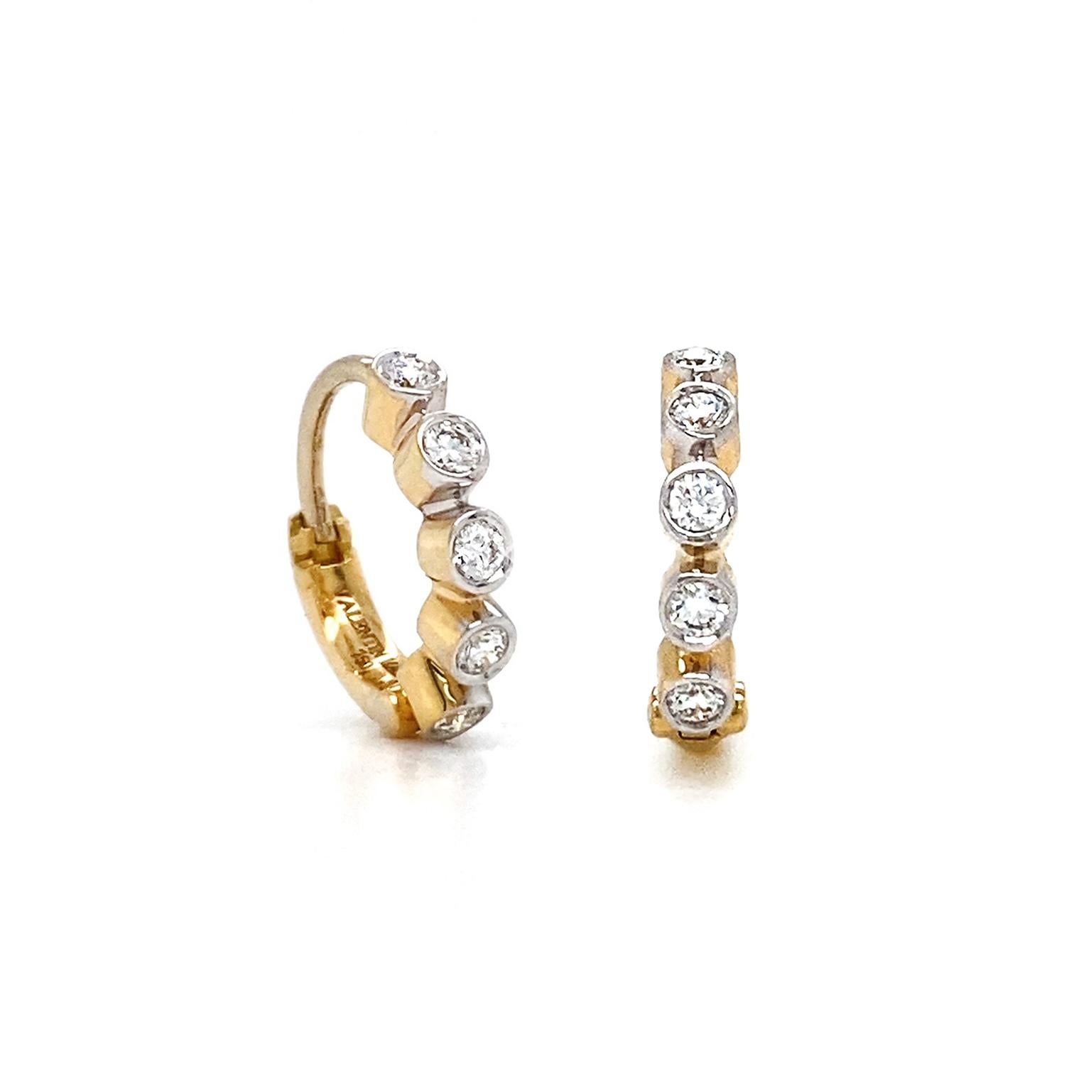 Round Cut Five Diamond 18K Yellow Gold Hoop Earrings For Sale