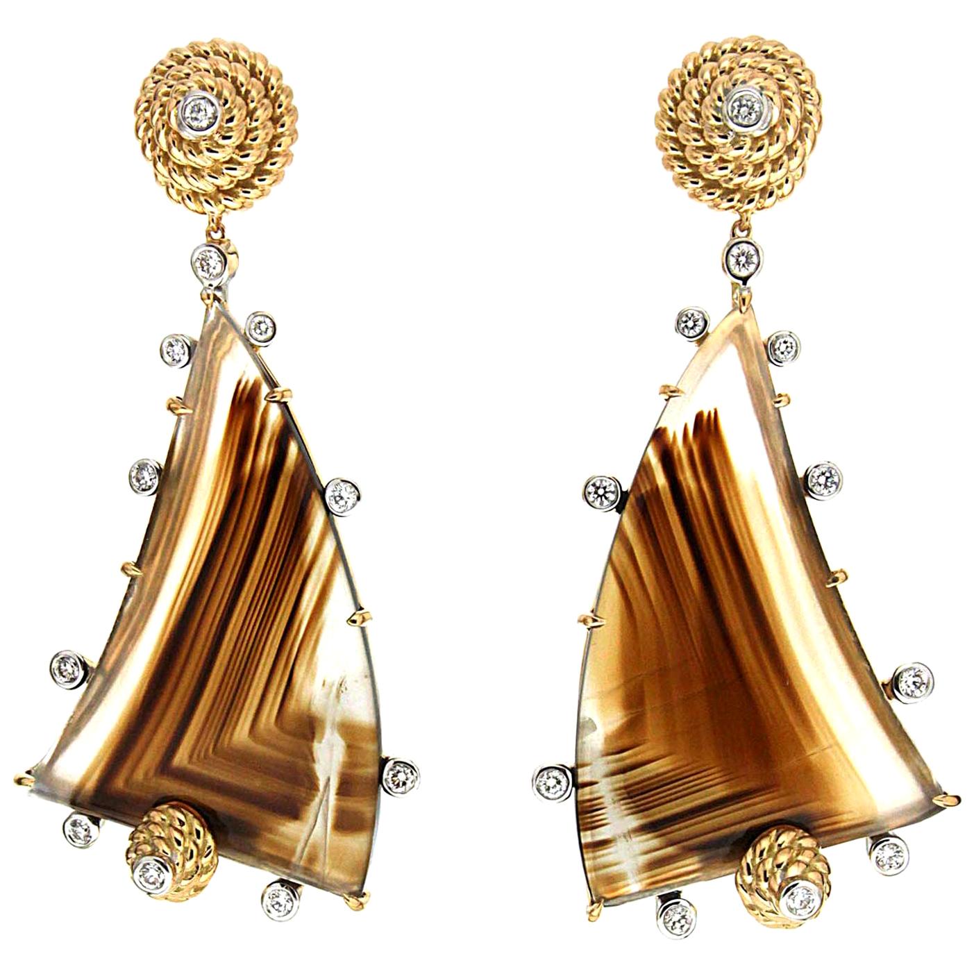 18K Yellow Gold Diamond Montana Agate Drop Earrings For Sale