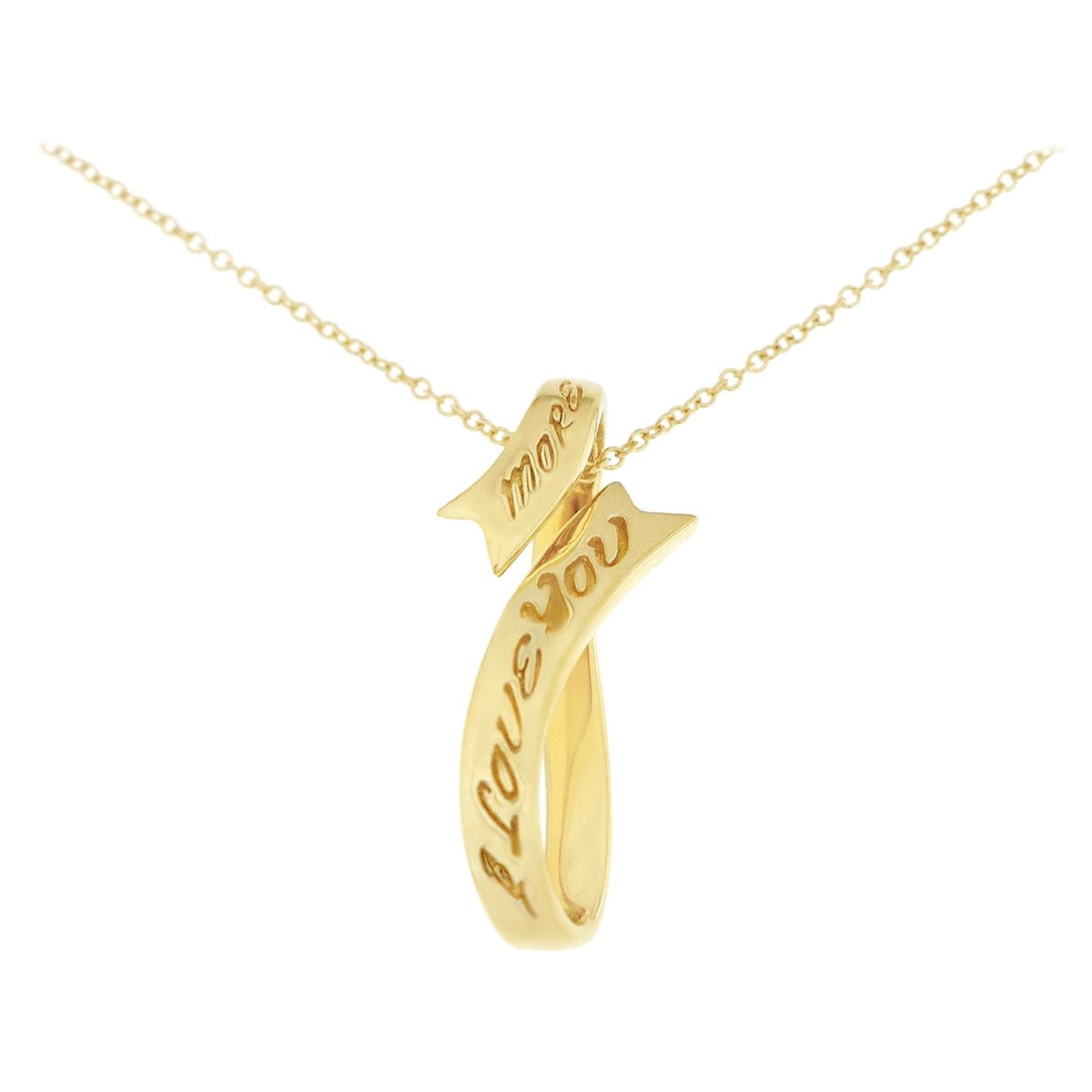 18K Yellow Gold I Love You More Ribbon Pendant For Sale