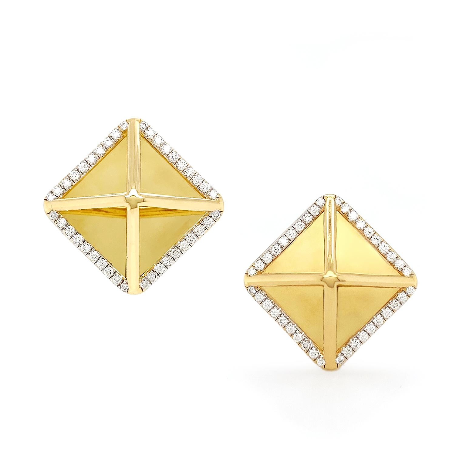 Effulgence in metal and gemstone gives these earrings a memorable touch. A smooth 18k yellow gold square is rotated on its side as a rhombus for the base. Slender arms from each corner rise to form an openwork pyramid. Brilliant cut diamonds grace