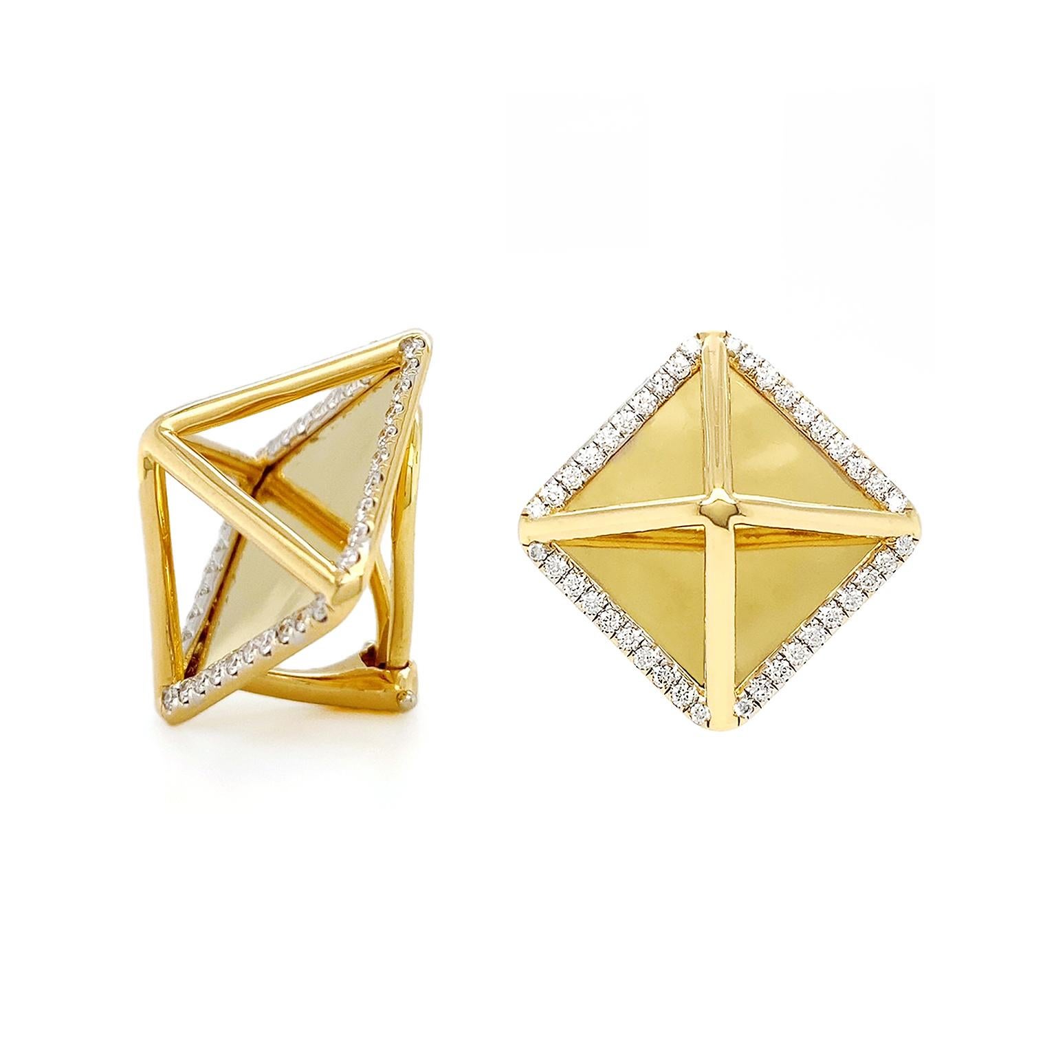 Contemporary Large Pyramid Diamond 18K Yellow Gold Earrings For Sale