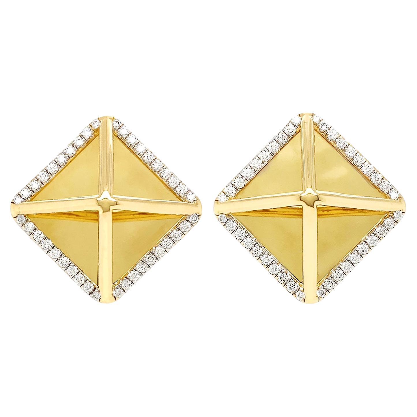 Large Pyramid Diamond 18K Yellow Gold Earrings For Sale
