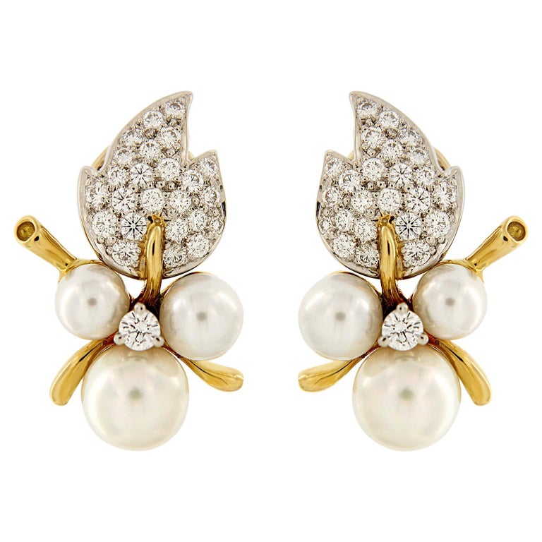 Valentin Magro Yellow Gold Platinum Diamond Pearl Leaf Earrings For ...