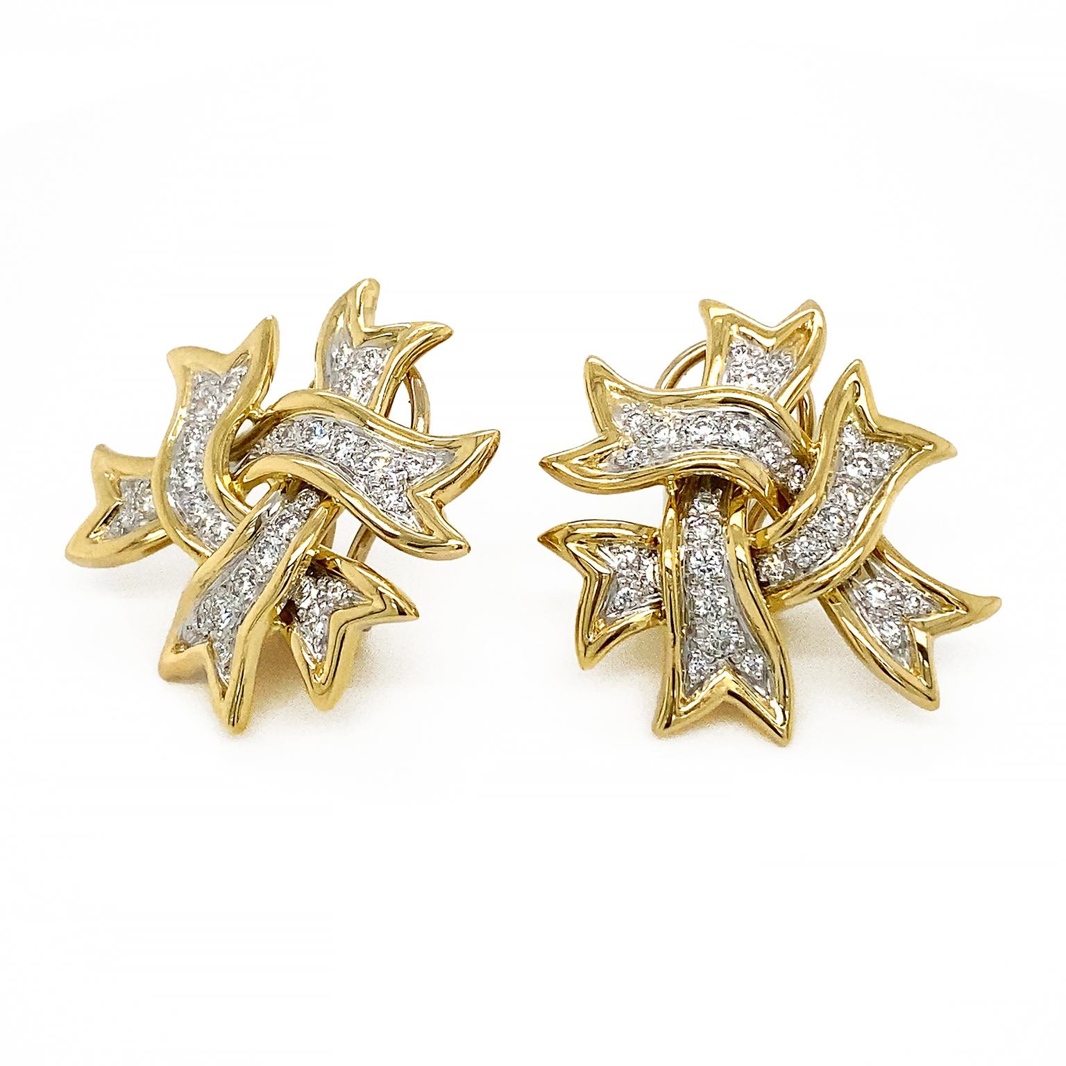 Taille brillant Boucles d'oreilles en or jaune 18K et platine avec ruban de diamants en vente