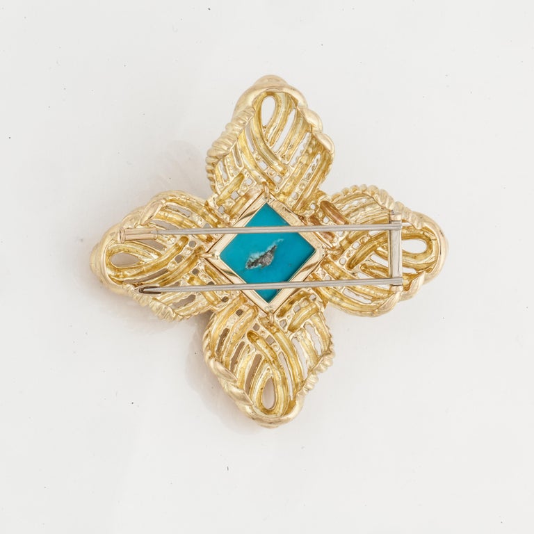 Uncut Valentin Magro 18 Karat Yellow Gold Turquoise Brooch For Sale