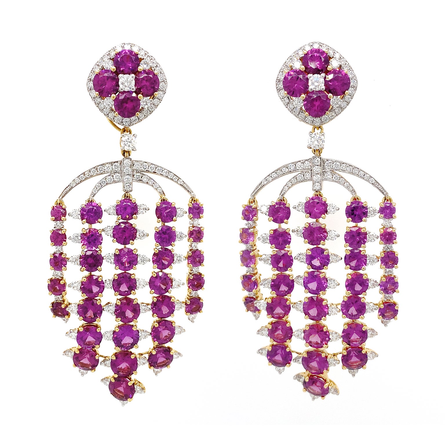 Boucles d'oreilles lustre en or jaune 18 carats, grenat, rhodolite et zircon