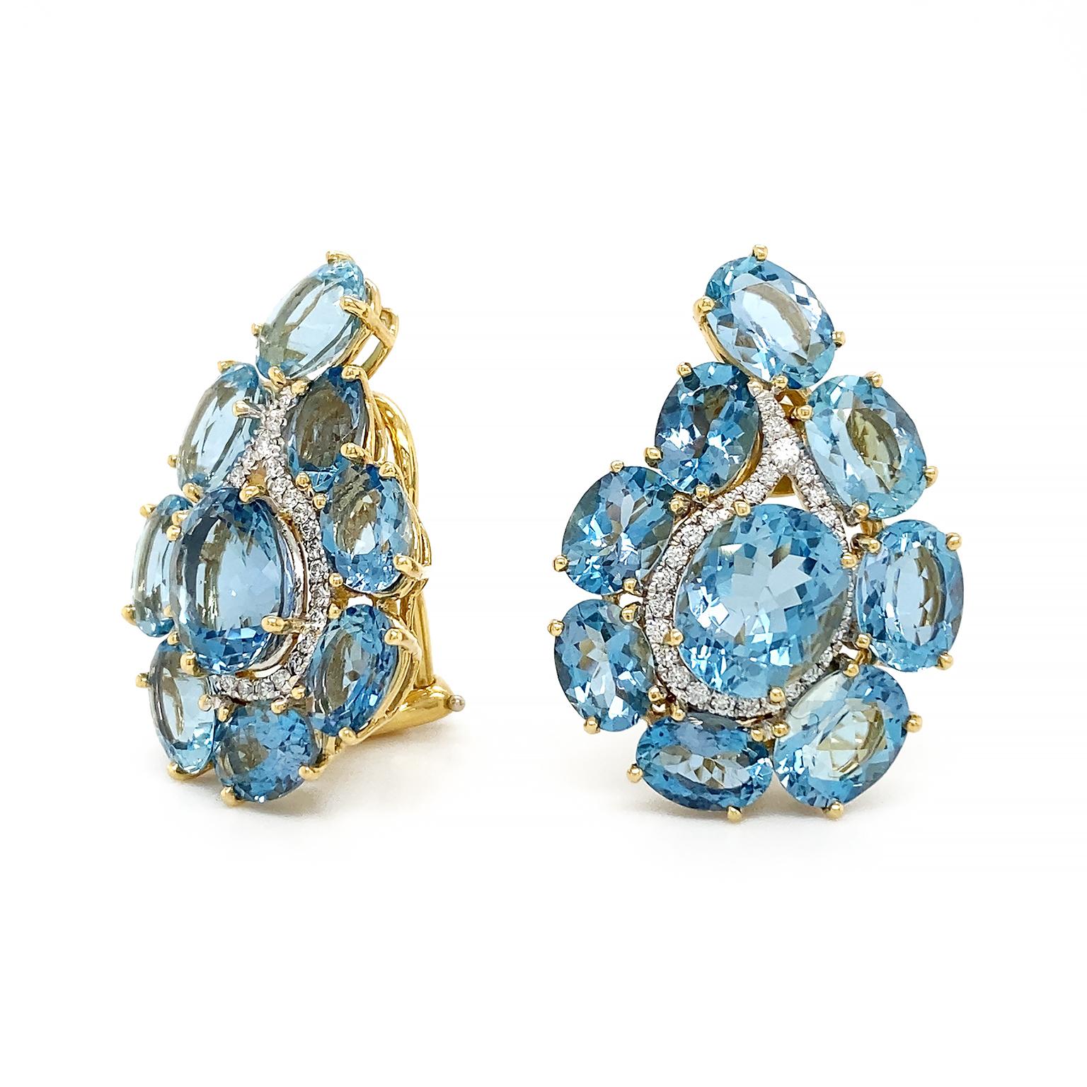 Moderne Boucles d'oreilles en or jaune 18 carats aigue-marine et diamants en vente
