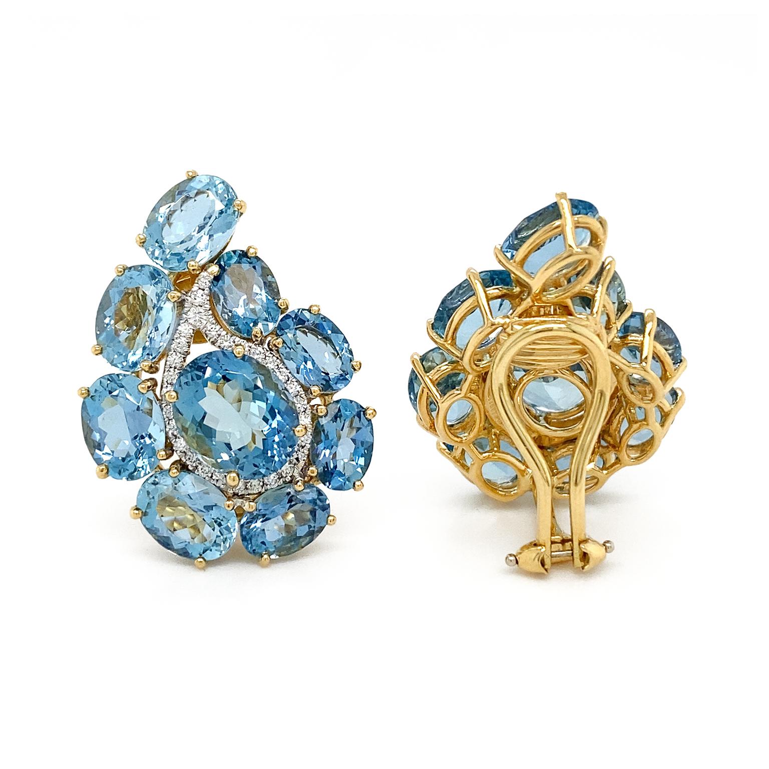 Ohrringe aus 18 Karat Gelbgold mit Paisley-Aquamarin und Diamant (Ovalschliff) im Angebot