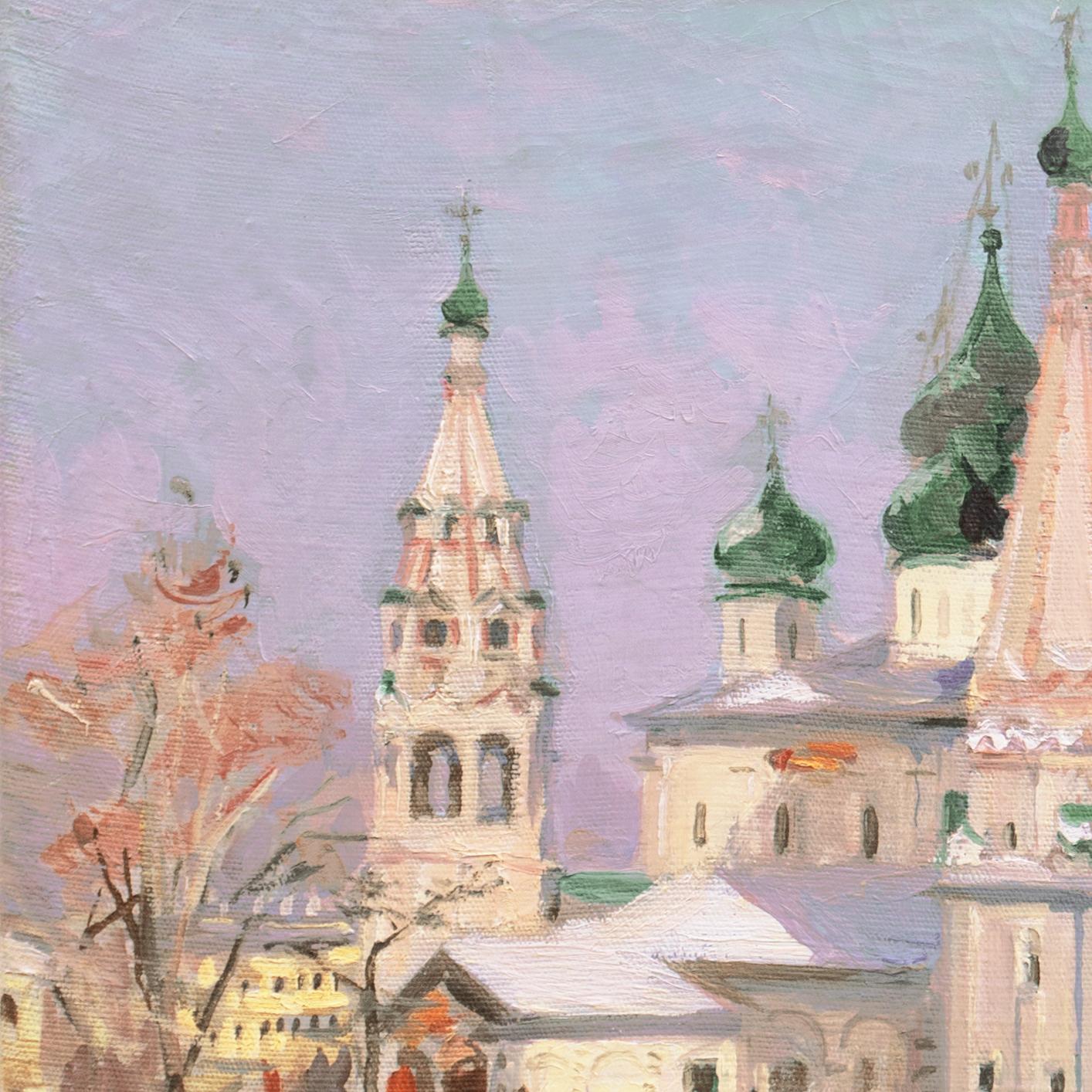  'Church of Elijah the Prophet, Yarolsavl City', Ilaskaya Church, Russia, Oil  - Beige Landscape Painting by Valentin Nikolaevich Leontiev