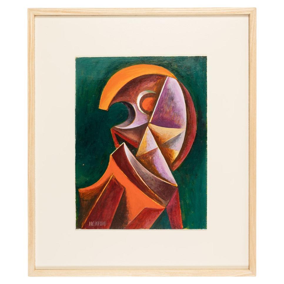 Valentin Rusin Cubist Portrait Oil on Plate Framed For Sale