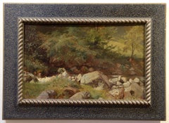 Arroyo caudaloso, rocas bañadas por el sol, paisaje alemán, campesino, óleo sobre tabla