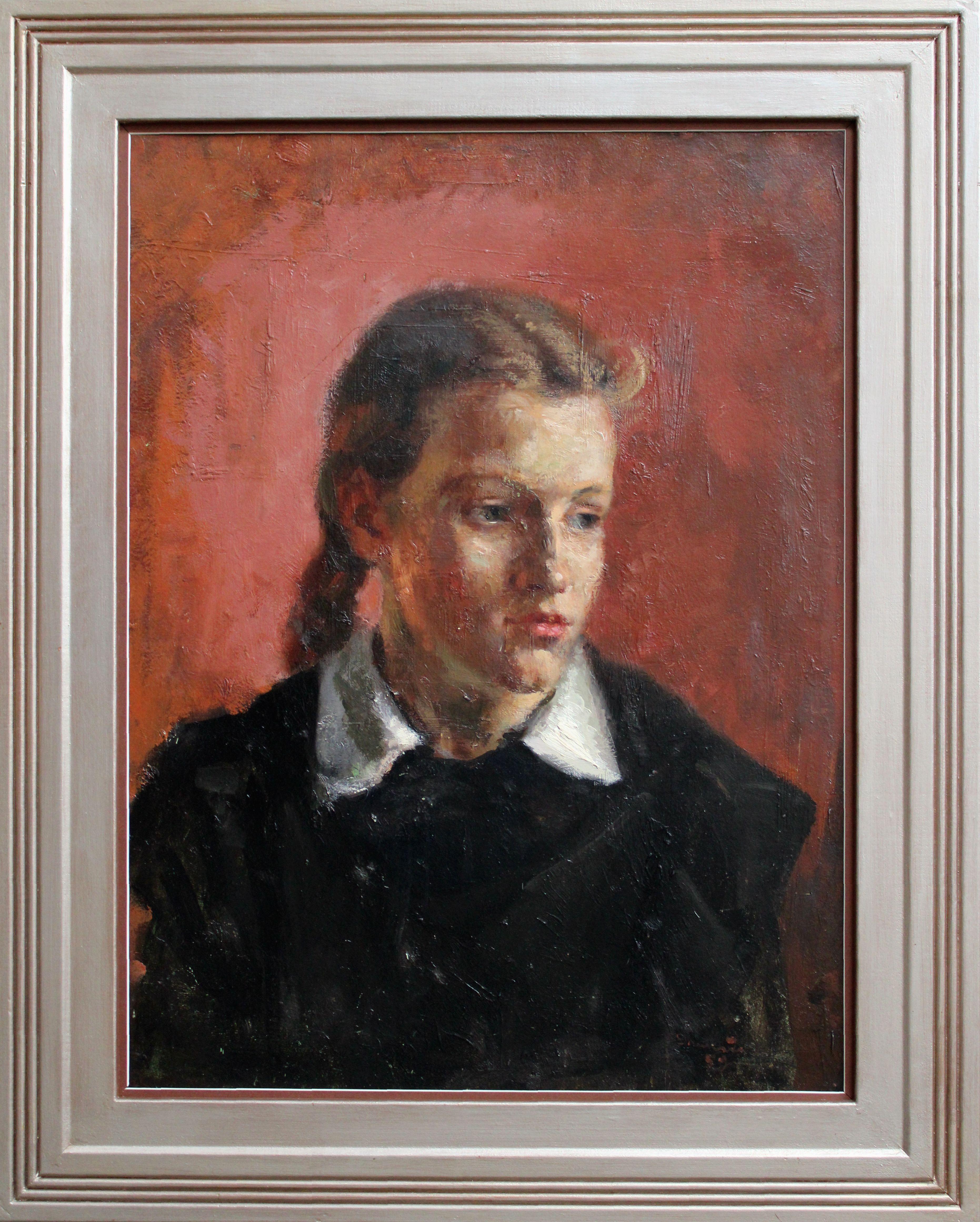Portrait of a girl  1959. Cardboard, oil, 60x47.5 cm - Painting by Valentina Dauksis 
