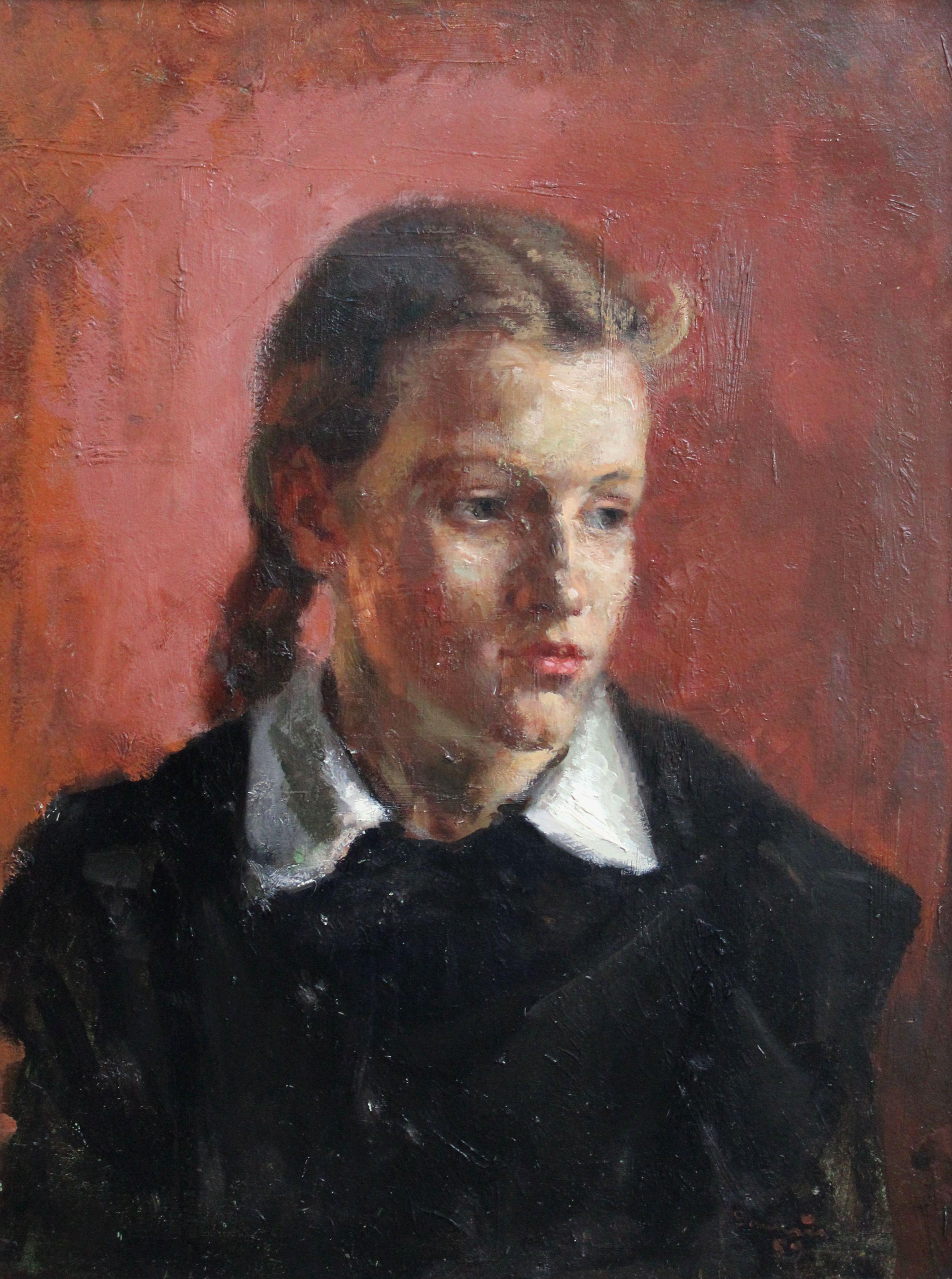 Valentina Dauksis  Figurative Painting - Portrait of a girl  1959. Cardboard, oil, 60x47.5 cm