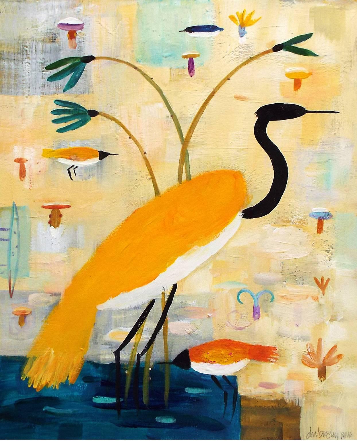 Valentina DuBasky Abstract Painting - "Amber Crane and Reeds", in yellows and blues