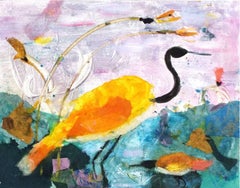 "Amber Crane in Blue Field", unique monotype painting in pink, yellow and blue