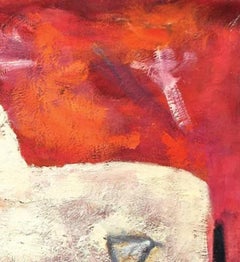 "Angkor Bison with Bells", bold shapes and swirling lines in reds and white