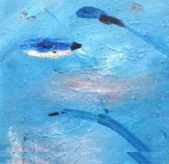 "Birds and Blue Mountain", bold shapes and flowing lines in  blues and yellows