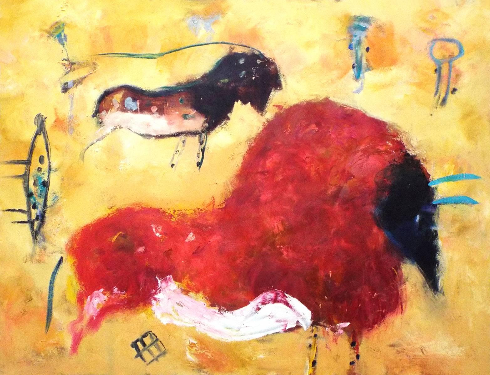 Valentina DuBasky Abstract Painting - "Bison in Ochre Field", bold shapes, fluid figures in red and ochres