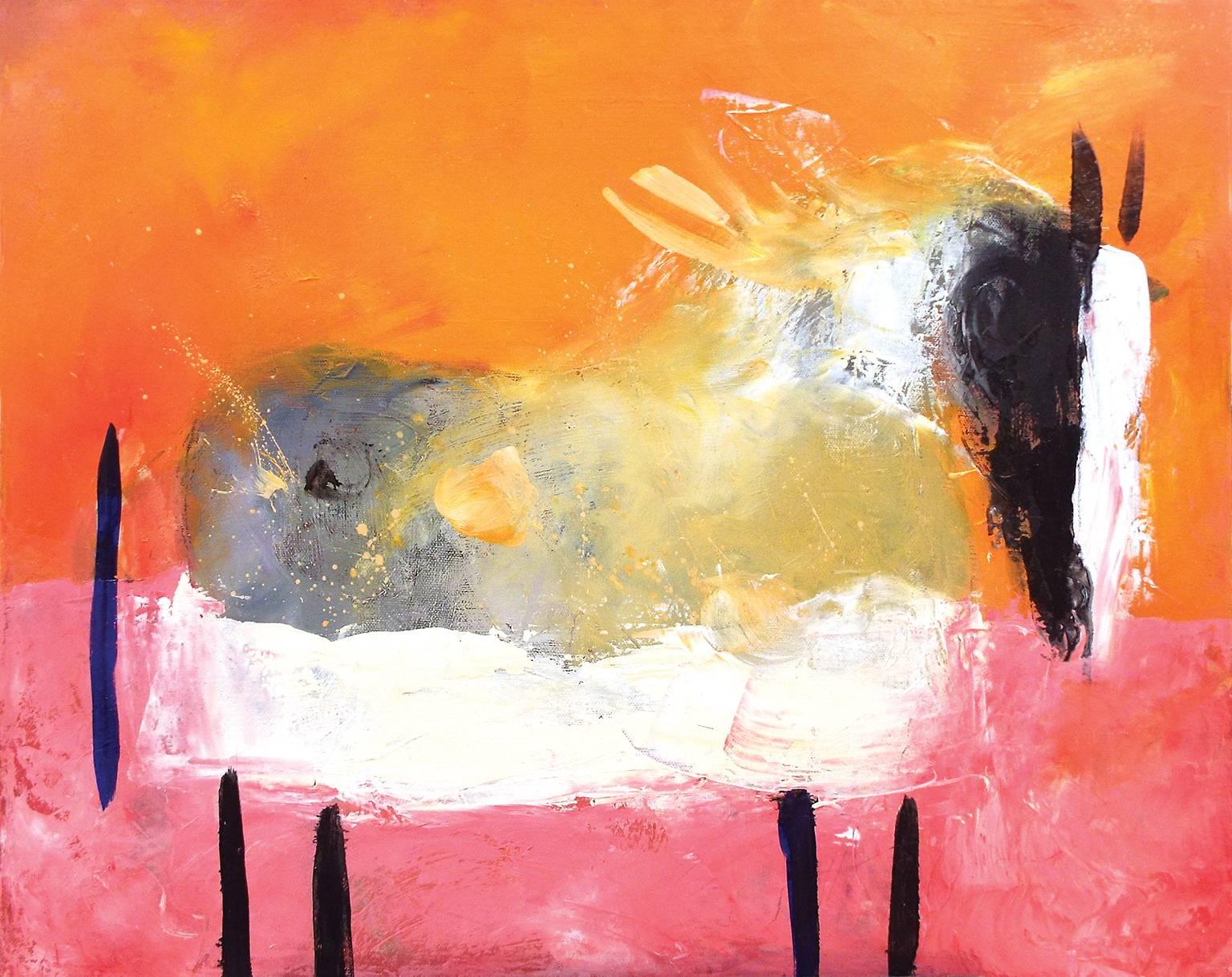 Valentina DuBasky Abstract Painting - "Grey Spotted Horse in Pink Field", expressive lines in pinks and oranges