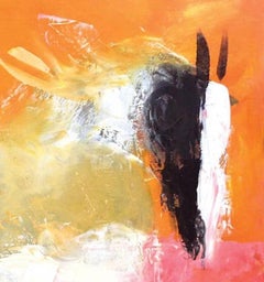 "Grey Spotted Horse in Pink Field", expressive lines in pinks and oranges