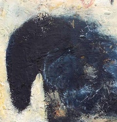 "Horse and Figures in Grey Field", expressive shapes in black and white