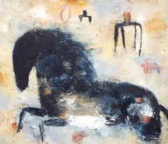 "Horse and Figures in Grey Field", expressive shapes in black and white