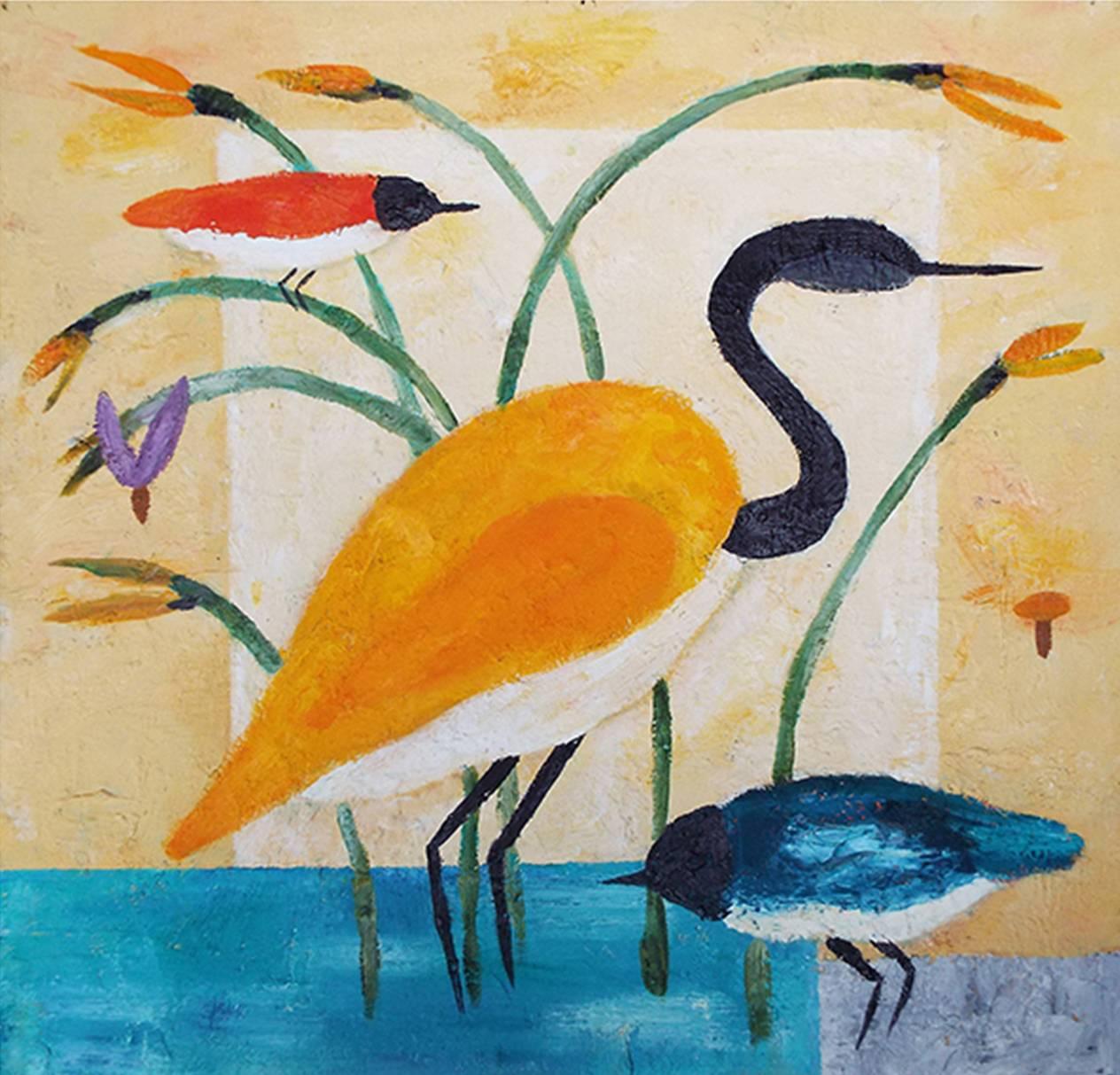 Valentina DuBasky Animal Painting - "River Bird and Warblers", painted with expressive lines blues and yellows