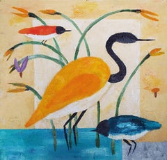 "River Bird and Warblers", painted with expressive lines blues and yellows
