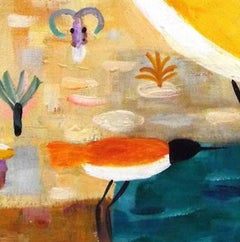 "River Bird and Warblers", painted with expressive lines blues and yellows