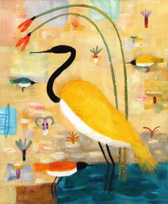 "Silk Route Crane and Warblers in Naples Field", in yellows and blues