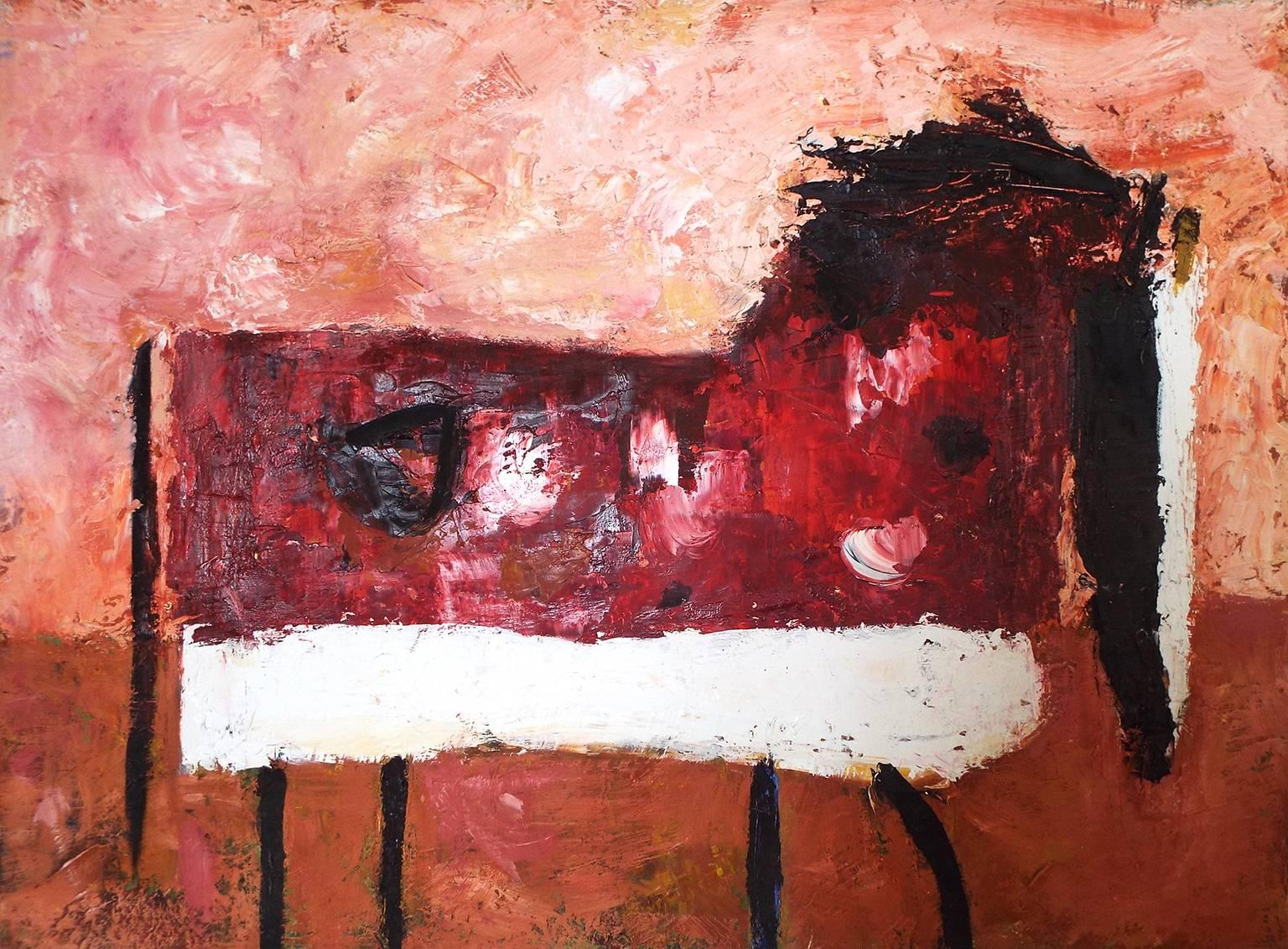 Valentina DuBasky Animal Painting - "Spotted Horse in Claret Field",  bold shapes and expressive lines in reds
