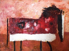 "Spotted Horse in Claret Field",  bold shapes and expressive lines in reds