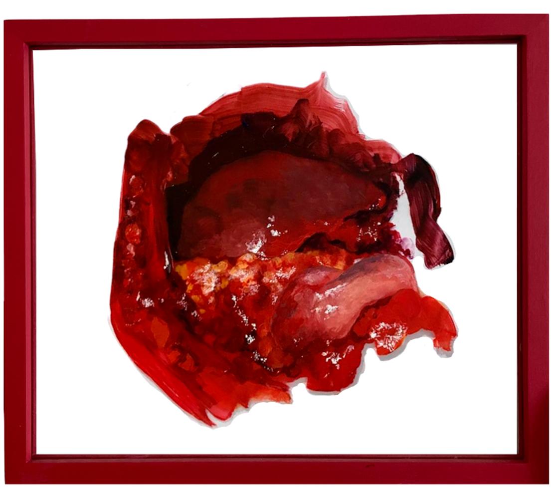 This painting was created based on a abdominal surgery, in the picture all the organs from the abdominal area are shown.

In this painting Valeiva wanted to re-create the pain, and visualize it. The pain to understand the body as a perfect machine,