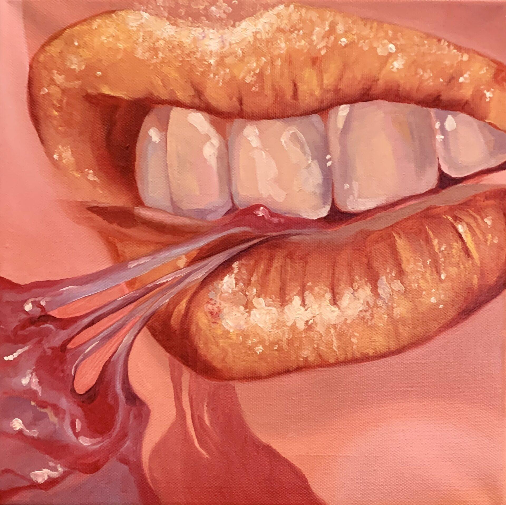 This painting was created based in different in 2 differnt images, the one with the mouth and another with the flesh.

In the painting the teeth are gripping the side of a heart ventricle.

This conection between the two scenes allow the artist to