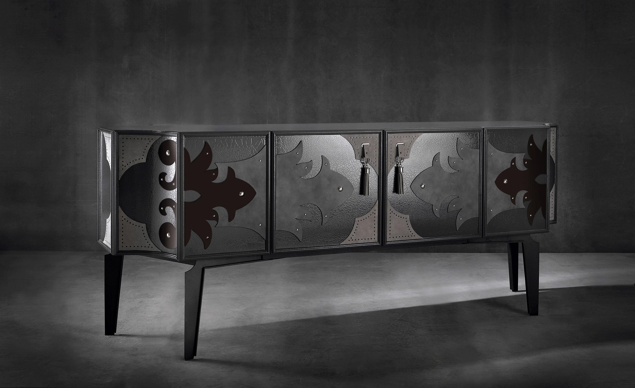Modern Valentina Sideboard, Highly Crafted of Craquelé Wood and Leather