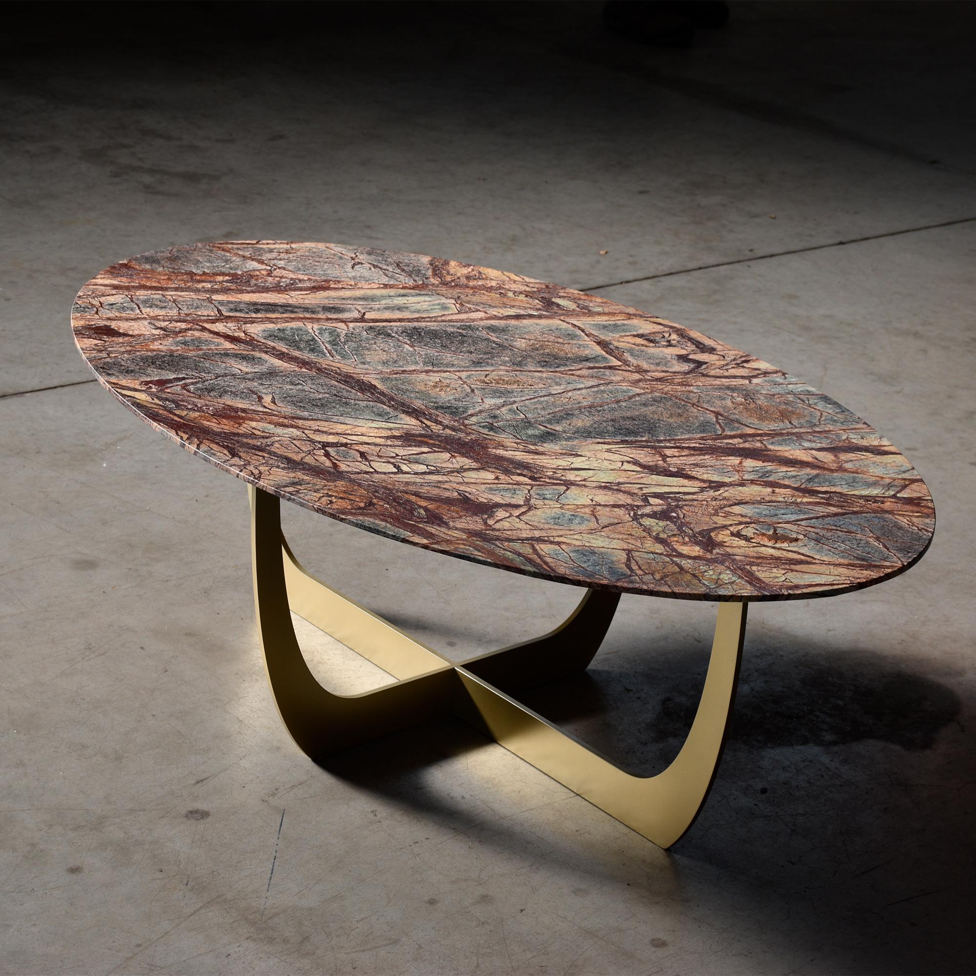 Valentine Brown Forest Marble Oval Coffee Table by WM Metal Design
Dimensions: D 70 x W 120 x H 40 cm. 
Materials: Brown Forest marble, gold metal.

A stupendous complement to a contemporary interior, this coffee table is handmade of first-rate