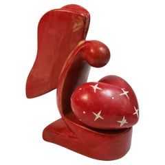Valentine French Hand Carved Red Stone Angel With Removable Heart Sculpture