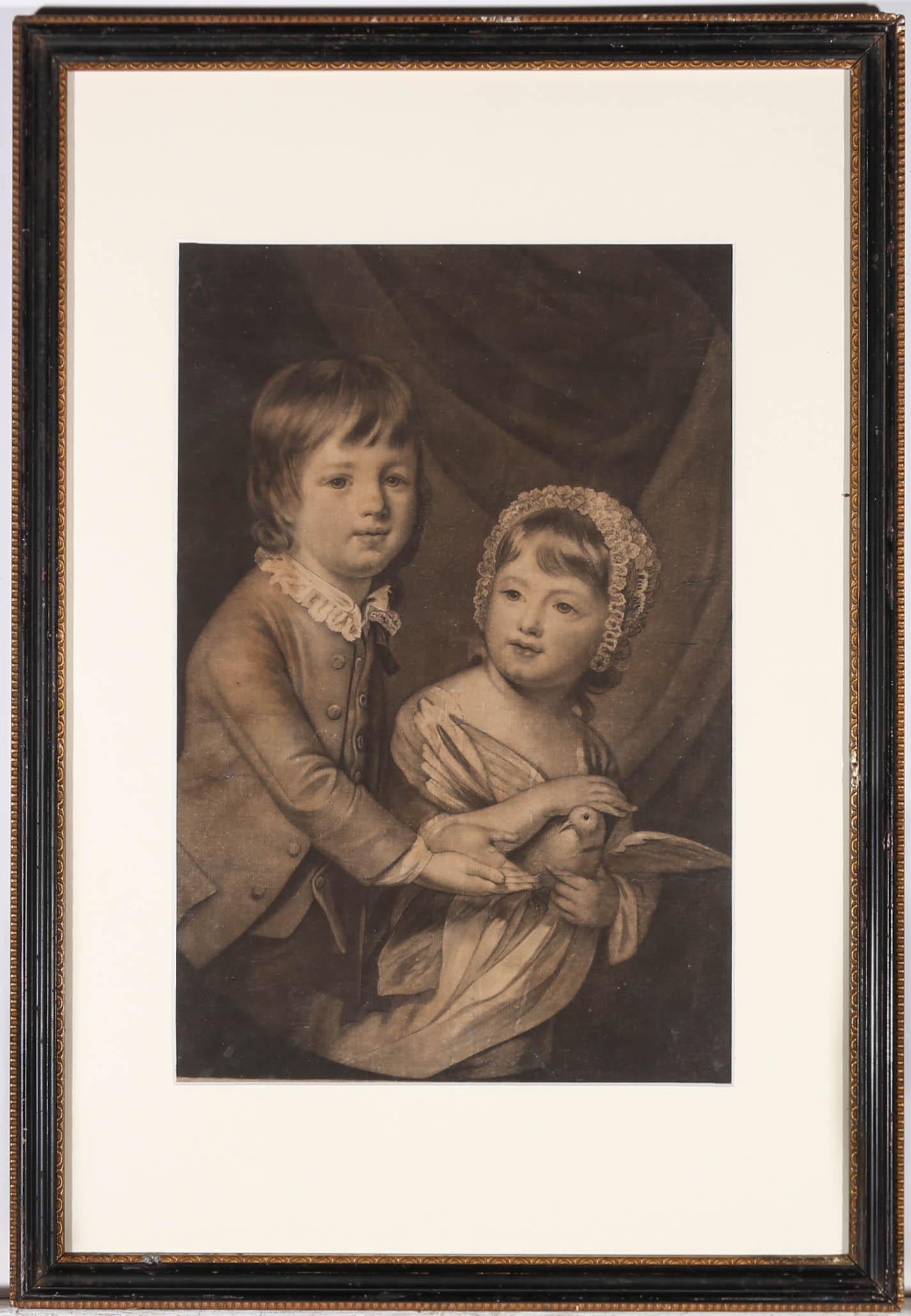 Ein schönes Schabkunstblatt aus dem 18. Jahrhundert, das Lord William Newbottle und seine Schwester, Lady Elisabeth Kar, als Kinder zeigt, die eine Taube halten. Dieses Schabkunstwerk von Valentine Green (1739-1813) ist nach dem Originalgemälde von