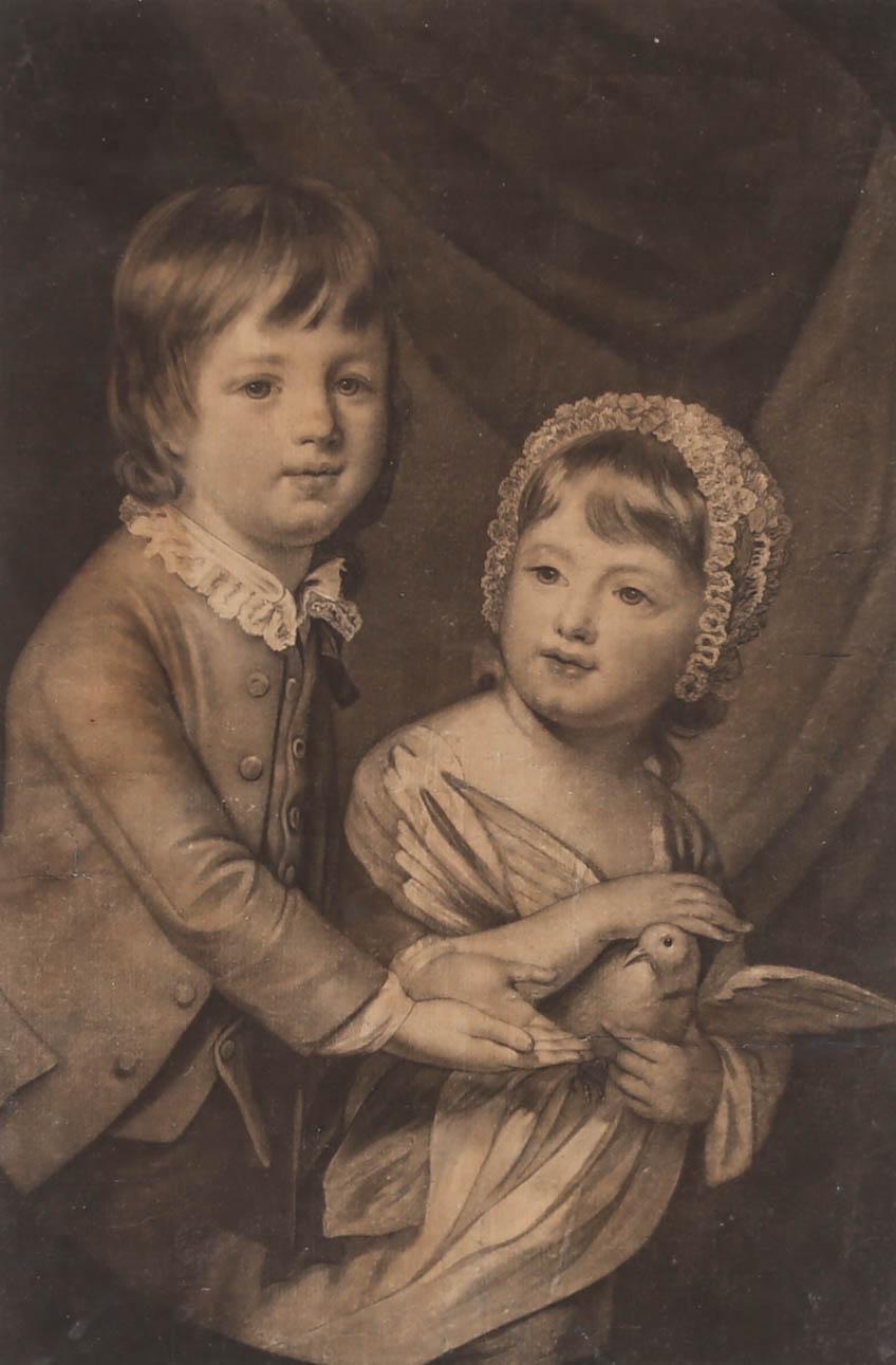 A fine 18th Century mezzotint, showing Lord William Newbottle and his sister, Lady Elisabeth Kar, as children, holding a dove. This mezzotint, by Valentine Green (1739-1813) is after the original painting by Catherine Read (1723-1778). The print has