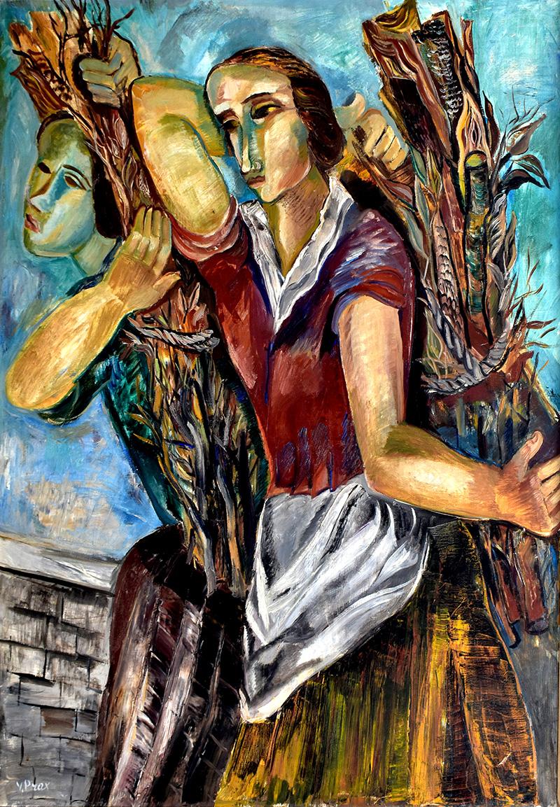 Valentine Prax Figurative Painting - Gatherers of Dry Wood -  Oil Painting Cubism - French