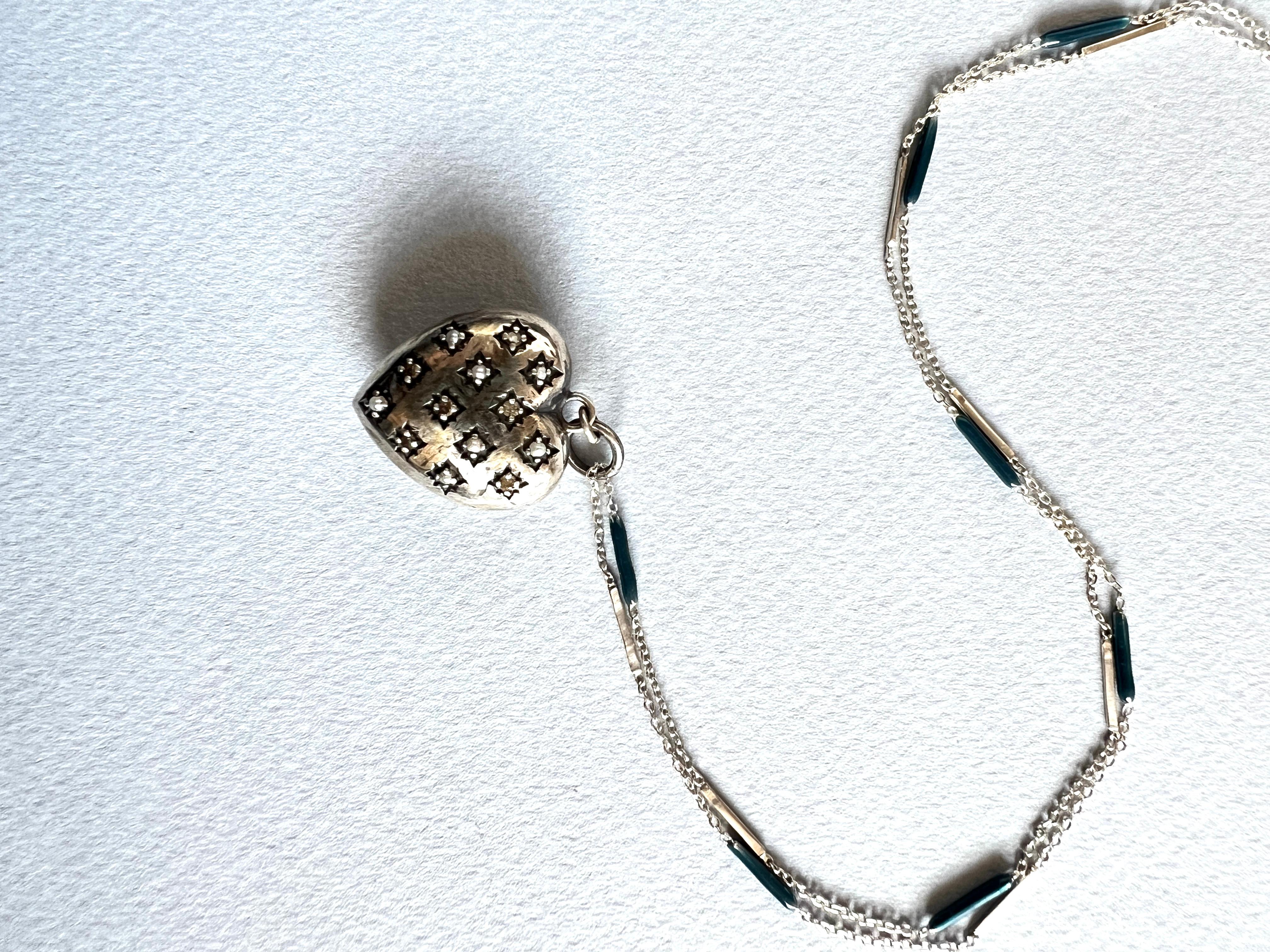 Silver Heart Necklace Victorian Style White Diamond Pearl For Sale 2