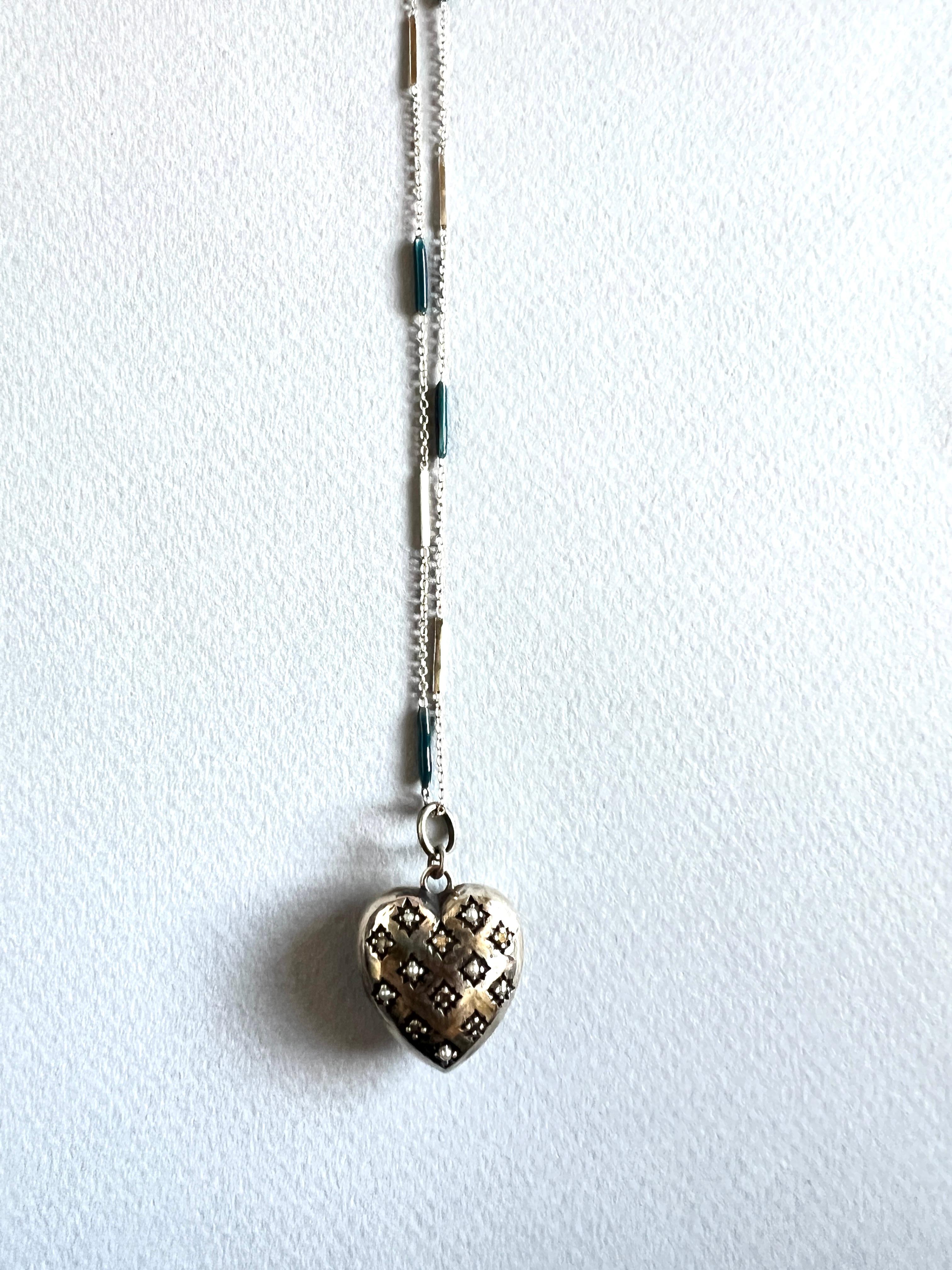 Silver Heart Necklace Victorian Style White Diamond Pearl For Sale 1