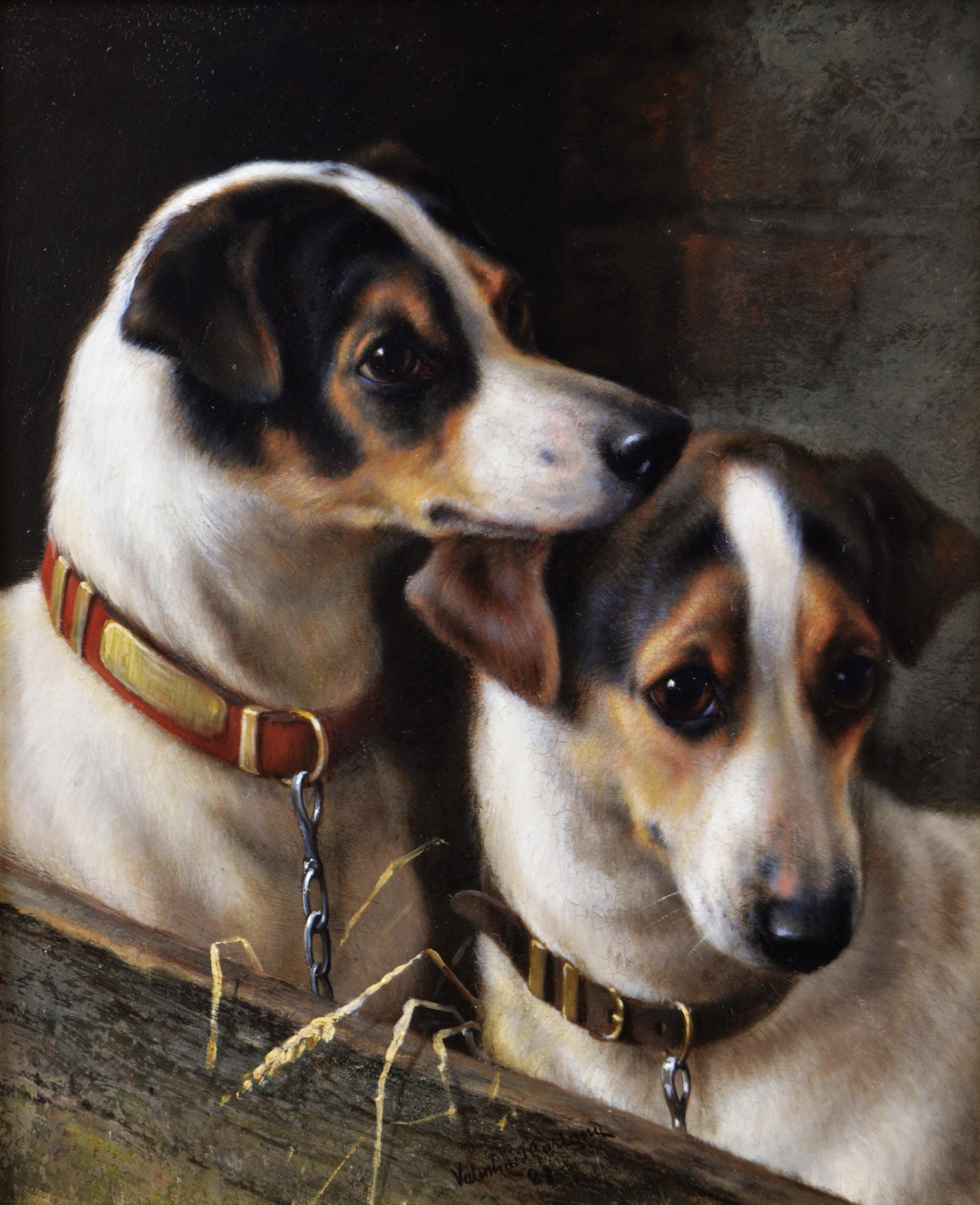 19th Century dog portrait oil painting of two terriers  - Painting by Valentine Thomas Garland