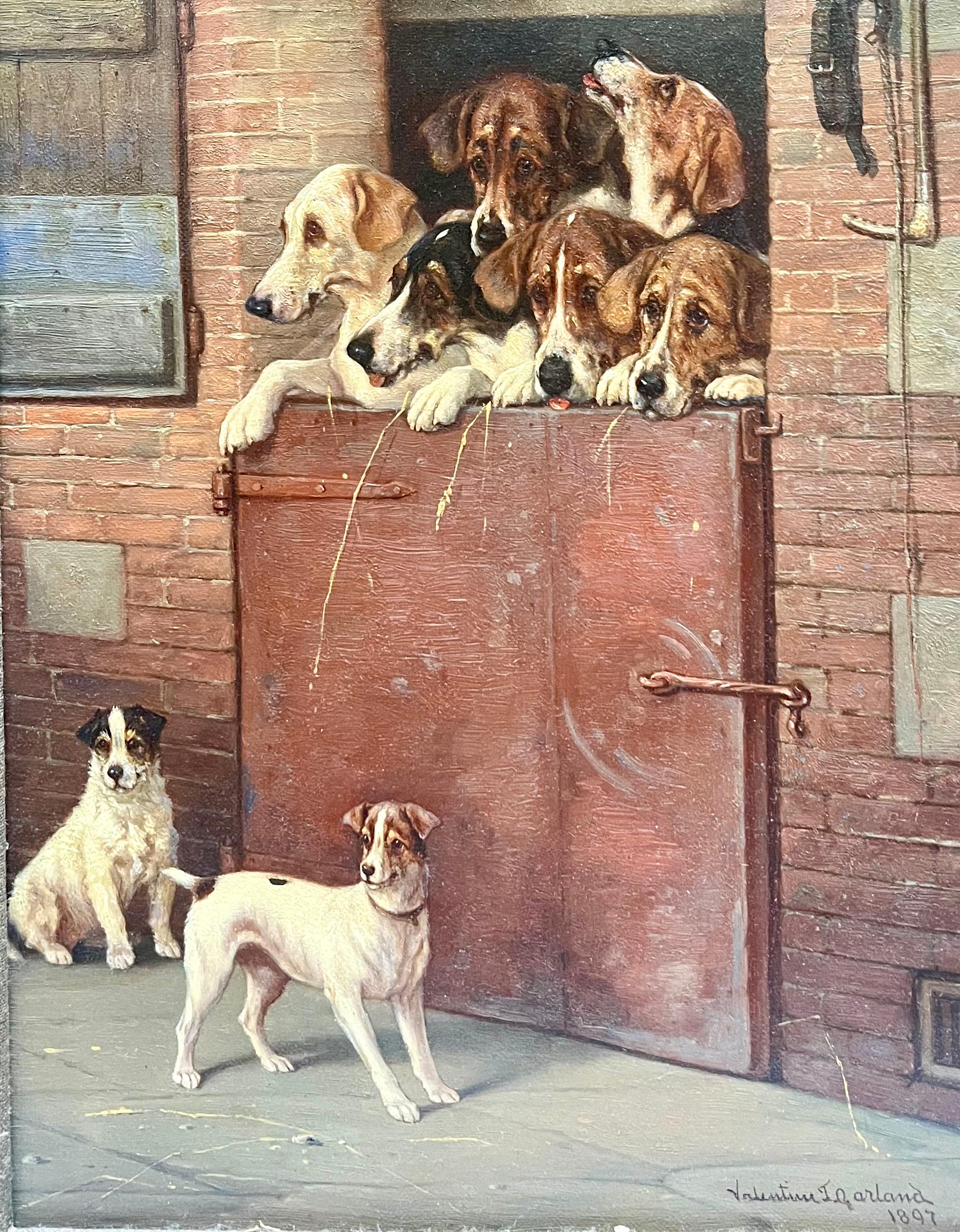 Valentine Thomas Garland Animal Painting - Antique Painting of Jack Russels, Labs, Terriers, and Fox Hounds 