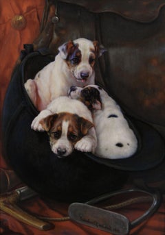 Dog portrait oil painting of fox terrier puppies